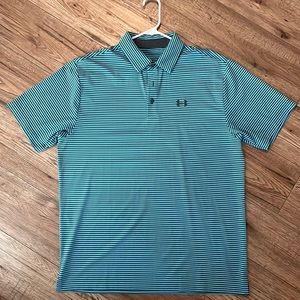 Turquoise and slate striped Under Armor golf polo. Size Large